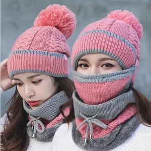 Conjunto de gorro pom e filha para inverno, gorro de malha quente com gola feminina confortável Cachecol