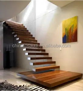 CBMmart Modern interior floating stair straight glass railings staircase with wood tread stairs for home