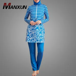 Fashion Design Midden-oosten Zwemmen Slijtage Mooie Blauwe Bloemen Moslim Badpakken Full Cover Badmode Patroon Islamitische doek