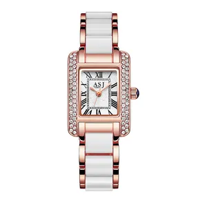 ASJ 顶级品牌时尚女性石英手表女士礼服方形水晶表盘手链女士时钟腕表 relojes de mujer