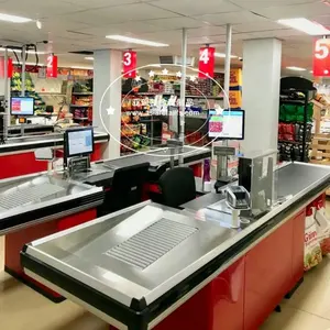 2023 new design factory selling cash register stand supermarket checkout counter with conveyor belt