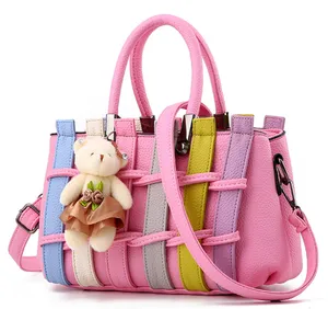 Hot selling fashion colored rattan hand bags ladies crossbody purses handbag women with Free bear