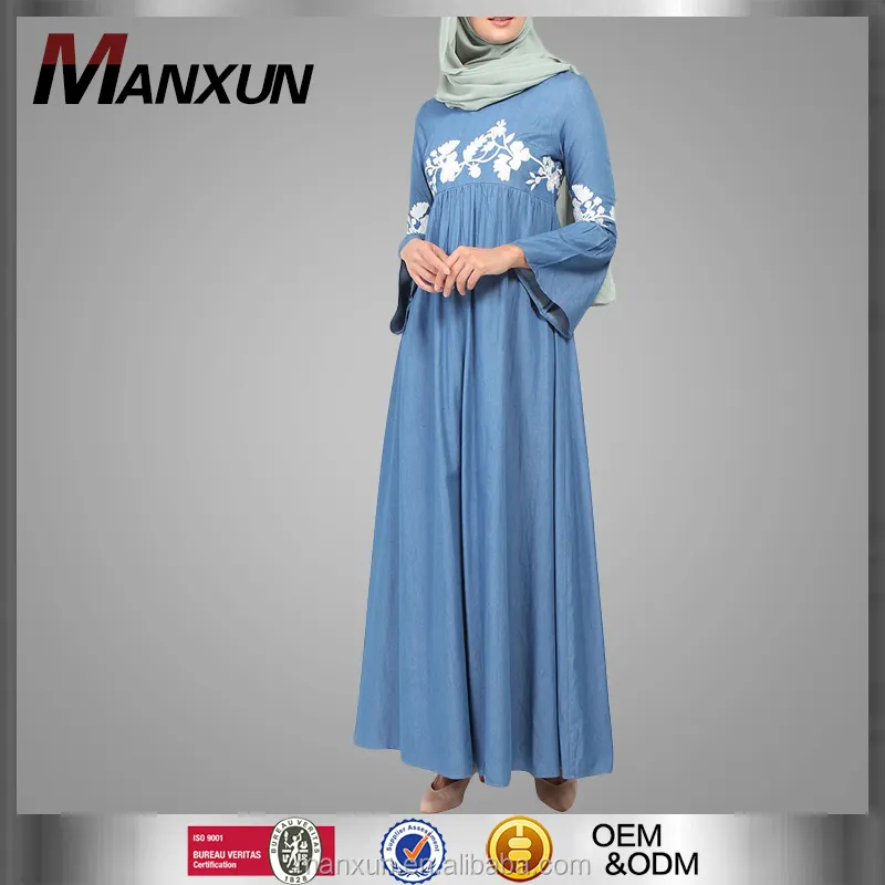 Denim Abaya Müslüman Kadınlar için Nakış Abaya Çan Kollu Tasarım Kot Abayas Giymek