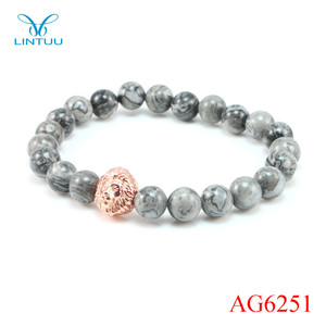 Piedra preciosa de la manera rose gold lion head pulseras de cuentas 8mm cuentas de ónix gris lion head pulsera para hombres - Product Image 2