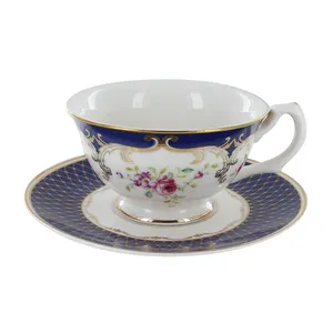 Blue rose porcelain ceramic tea cup and saucer set