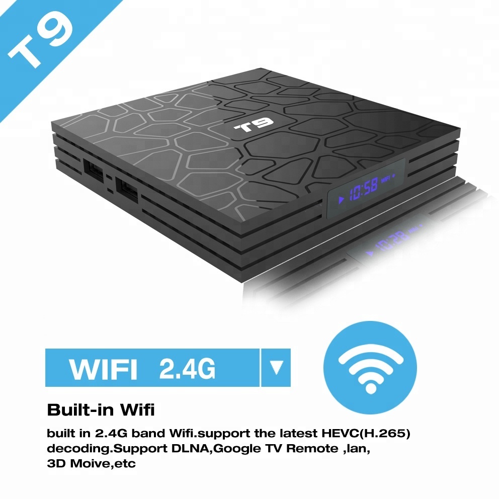El más nuevo Android tv box T9 4G 32G Android 8,1 Octa core wifi 2,4g/5g caja de tv inteligente OTT tv box con LED dispayer