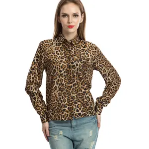 เสื้อเบลาส์ลำลองทรงสลิมของผู้หญิง,เสื้อชีฟองแขนยาวมีปกพิมพ์ลายเสือดาว
