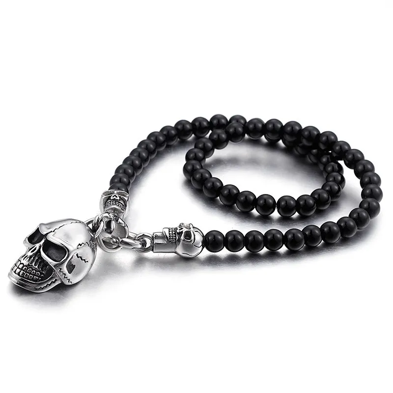 Personalized men natural stone bead skull pendant necklace