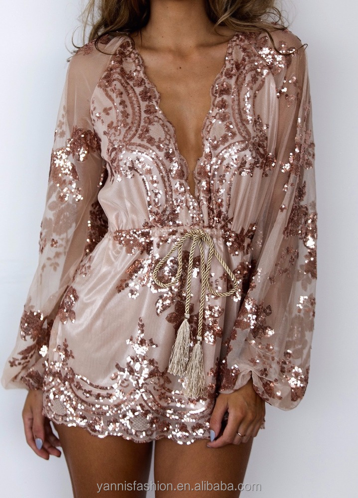 Autumn Gold Sequin Embroidery Jumpsuit Romper with Mesh Sleeves for Women -  Elegant Deep V Neck Overalls in Custom Sizes