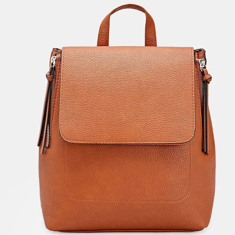 Oem custom logo litchi grain pu leather brown zipper stylish travel ladies back packs