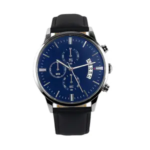 Mens leather analog quartz watches blue ray watch, 24 hours day night calendar quartz watches