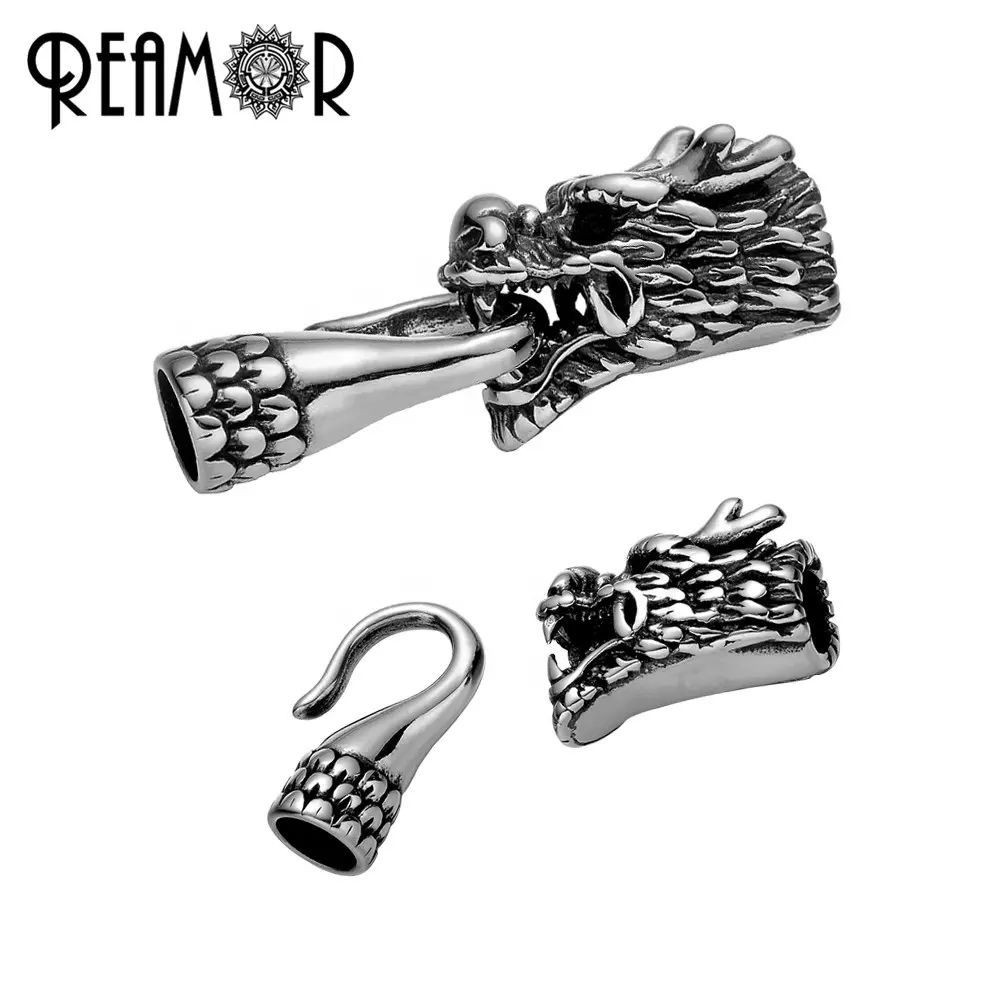 REAMOR 316l Stainless Steel Dragon Head Connectors Animal Beads Wholesale Accessories For Leather Cord DIY Bracelet Hook Clasp