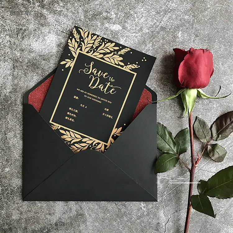 Negro Rojo Súper Lujo Alta Calidad Personalizado Papel de tacto suave Regalo Tarjetas de boda y sobres de invitación