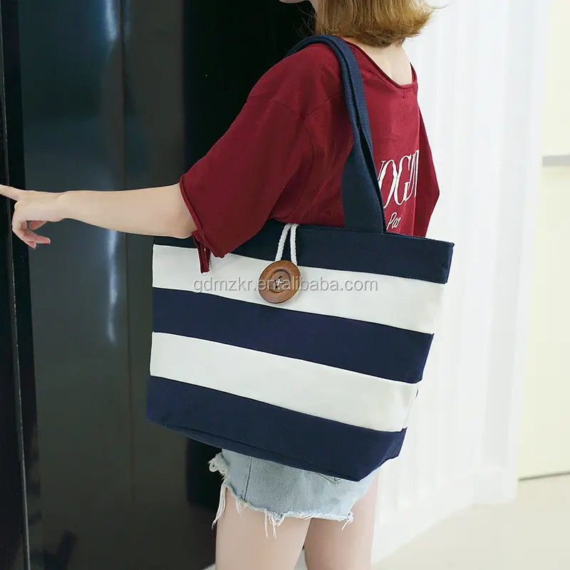 factory direct sales black white wide stripes canvas bag with button clsoed for school/shopping