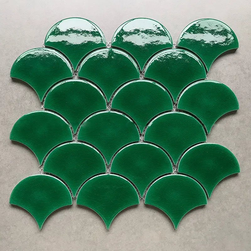 Foshan verde de pescado Escala de baldosas de porcelana de ventilador Vieira de cerámica de la pared de mosaico