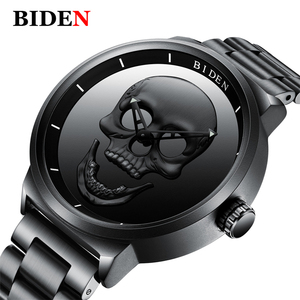 BIDEN 0063 남성용 블랙 스테인레스 스틸 쿼츠 시계 방수 1 펑크 3D 해골 복고풍 스타일 비즈니스 만화 스타일 독특한 모든