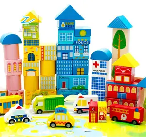 FQ brand new design 62pcs wooden intelligence educational city transport diy building blocks