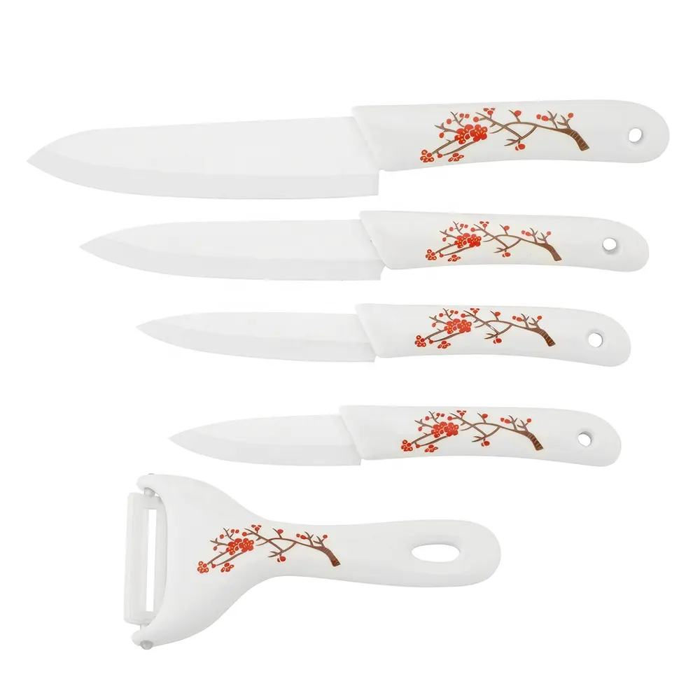 TPR soft touch handle good quality ceramic kitchen knives set with peeler in acrylic knife block