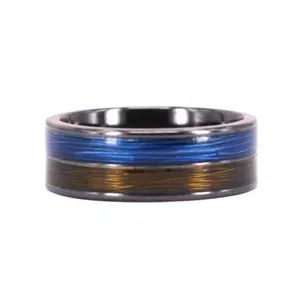 Anodized Black Titanium Band Blue Brown String Encircled Promise Ring Newest Trendy Double Fishing Line Wedding Ring