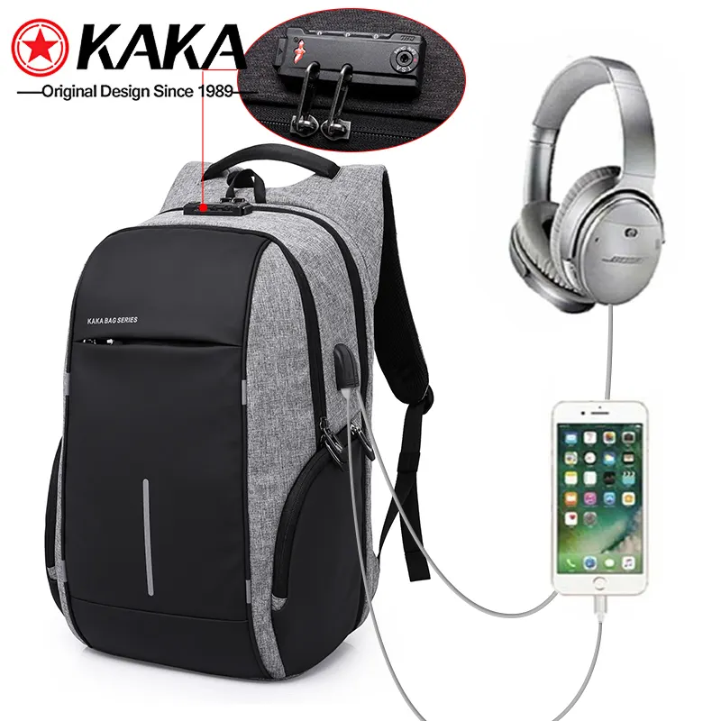 Sac à dos en cuir noir étanche pour ordinateur portable pour hommes, vente en gros, bagage pour ordinateur portable, chargeur USB,