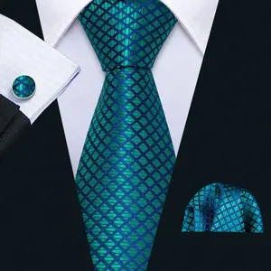 Cheap Wholesale High Quality Woven Necktie Pocket Square Cufflinks Green Blue Checked Silk Tie Set For Men
