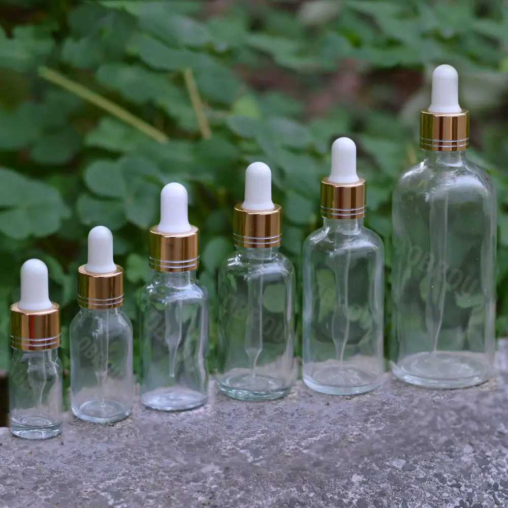 5ml 10ml glass clear/amber essential oil bottle 30 ml 50ml glass dropper bottle with gold cap for aroma perfume oil