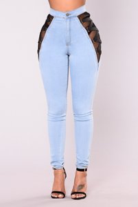 Jeans en denim stretch pour femmes, jeans moulants en dentelle, taille haute, vente en gros, nouveau style - Product Image 3
