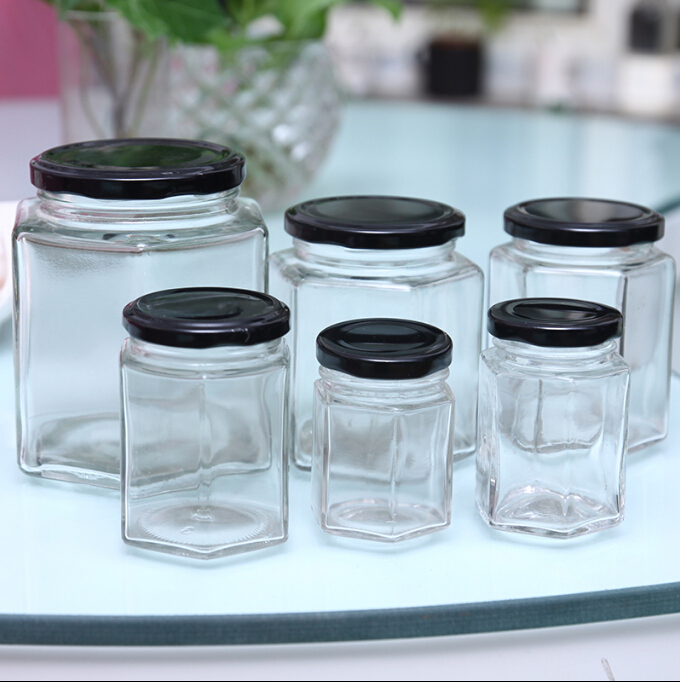 45~730ml glass honey jar hexagon shape honey glass jar