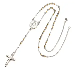 Gioielli europei di moda calda nuovo design 3mm 4mm perline in acciaio inox <span class=keywords><strong>oro</strong></span> <span class=keywords><strong>placcato</strong></span> argento lungo <span class=keywords><strong>rosario</strong></span> religioso a forma di croce - Product Image 1