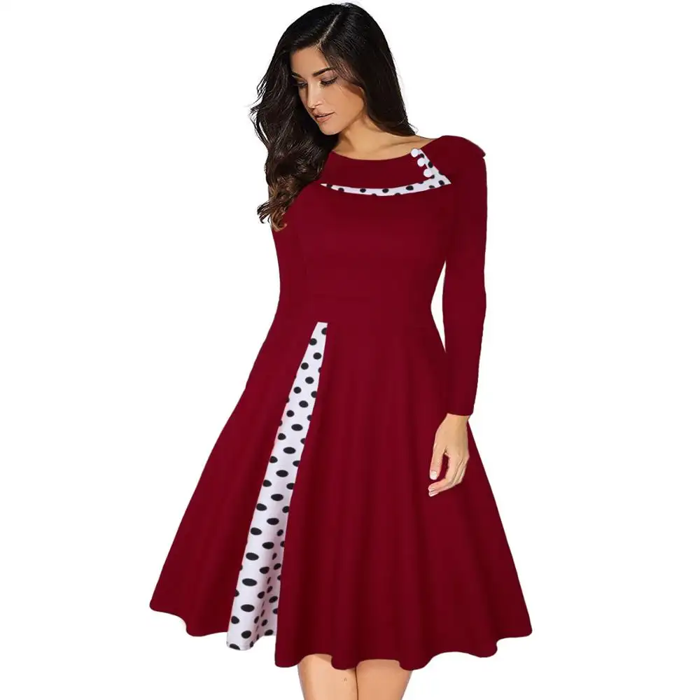 5 Color Elegant Vintage Lady Dresses Polka Dot Print Button Patchwork 50s 60s Rockabilly Plus Size S-3XL AラインDress Midi E252