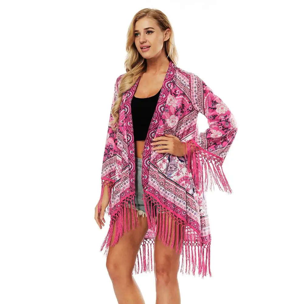 Women Long Sleeves Kimono Cardigan Ladies Floral Kimono Cardigan with Tassels Summer Beach V-neck High Quality but Low Price