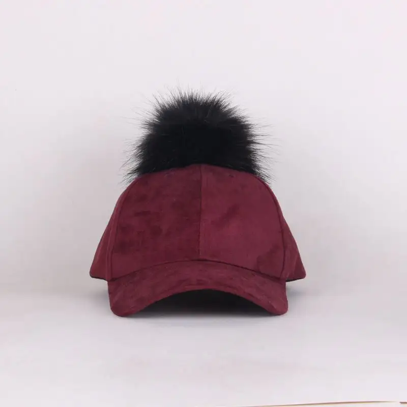 Custom New Style Leather Suede Cap dark red Color Fur Ball Cap