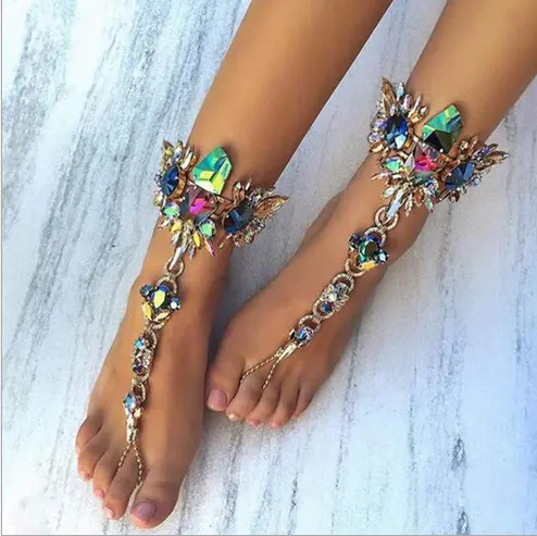 Queena High Grade Crochet Barefoot Sandals Anklet /Beach Wedding Shoes Colorful Foot Jewelry Chain