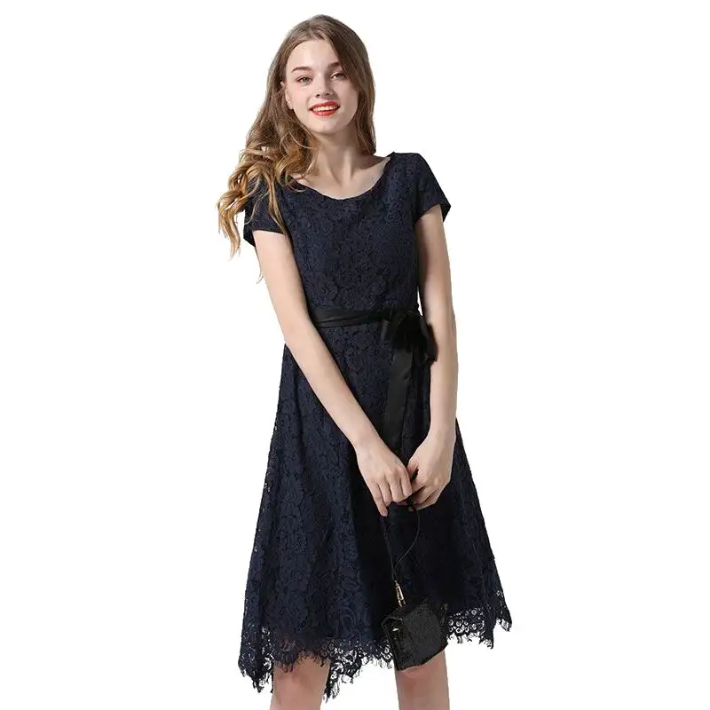 High Quality Women Floral Lace O-Neck Bridesmaid Dresses with Cap-Sleeve Formal Navy Party Dress Ladies Cocktail Dresses
