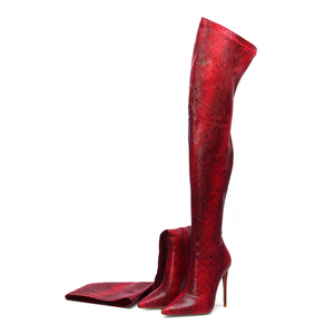 WETKISS OEM Fantezi Bayan Ayakkabısı Sıkı Stiletto Yüksek Topuk Diz Çizmeler Üzerinde Seksi Snakeskin Çizmeler Olgun Kadın Uyluk Yüksek Çizmeler - Product Image 5