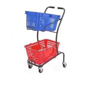 יפני סגנון באיכות גבוהה כפול סל זול סופרמרקט לדחוף עגלת קניות 2 סלי עגלה עם גלגלים