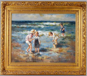 <span class=keywords><strong>Pintura</strong></span> al Óleo de <span class=keywords><strong>Estilo</strong></span> Vintage de Niños Jugando en la Playa en un Marco de Madera Antiguo Dorado - Product Image 3