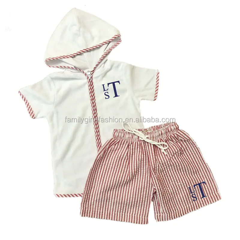 Grosir Baju Renang Anak-anak Monogram Kain Terry Pantai Coverup dan Seersucker Celana Renang Anak Laki-laki