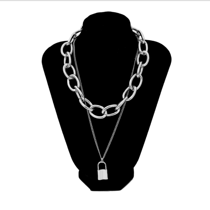 XR002 Multi-Layer Lock Retro Street Shoot Item Women  Necklace Personality Metal Cold Wind Sweater Chain Wholesale