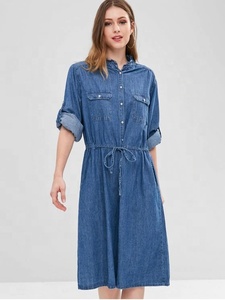 KY Long Light Washed Blue Manga larga Cintura Tie Button up Pocket Shirt Chambray Denim Dress Mujer - Product Image 4