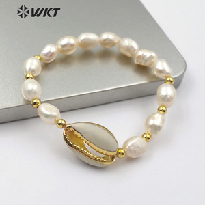 WT-B458 ใหม่เครื่องประดับทำด้วยมือแฟชั่นปรับสร้อยข้อมือทองเหลืองลูกปัดและไข่มุกและ Full หรือครึ่งชุบ cowrie สร้อยข้อมือ