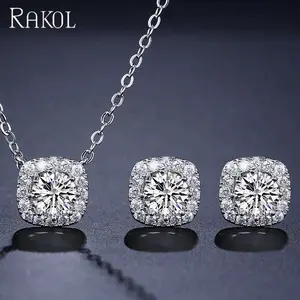 RAKOL SP314 diseño <span class=keywords><strong>Simple</strong></span> de circón de cristal de Brincos conjunto de joyas de boda de Zirconia moda cuadrado CZ COLLAR COLGANTE pendientes del perno prisionero - Product Image 1