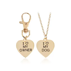 Ensemble de bijoux en forme de cœur à la mode, j'adore mon propriétaire, j'adore mon chien, collier et porte-clés, cadeaux personnalisés pour propriétaires d'animaux