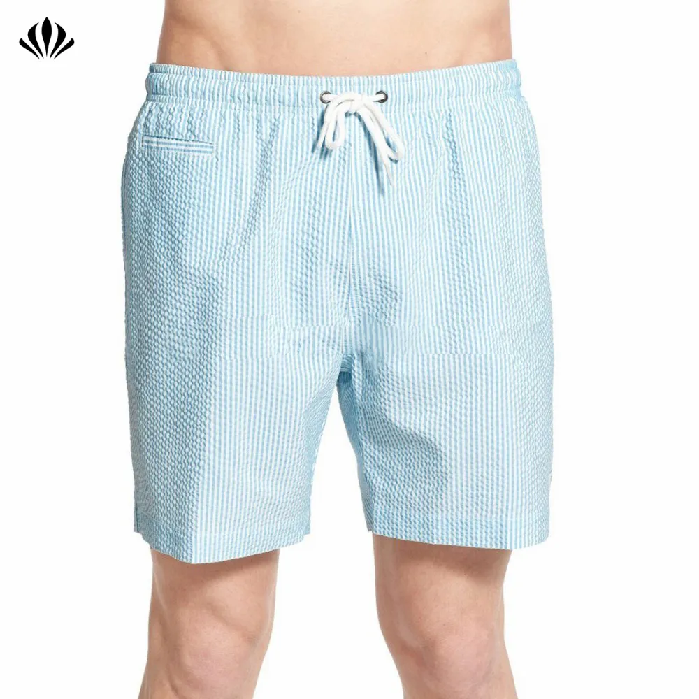 Groothandel Mens Seersucker Stof Swim Shorts Mesh voering Strand Shorts Heren Sportkleding badpak Custom Board Shorts