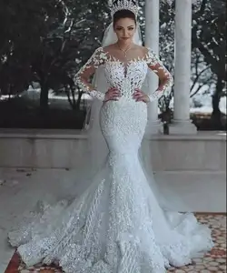 Di lusso In Rilievo di Applique Del Merletto A Manica Lunga Della Sirena Tromba Bling Abito Da Sposa