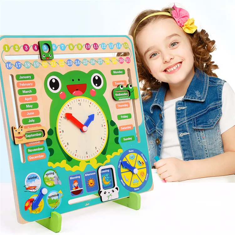 Wood material Multifunctional calendar clock toy with 7 parts for kids preschool education