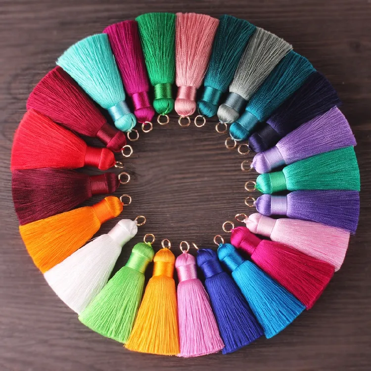 high quality free sample 1000 colors 6cm large silk tassels for jewelry,colorful rayon tassel with alloy ring