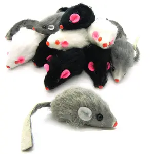 rabbit fur mouse 2inches with rattle black white grey cat toy mouse