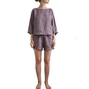 <strong>Women</strong> Pyjamas <strong>Linen</strong> <strong>Top</strong> and Shorts Set Ladies <strong>Linen</strong> Blouse and Shorts Pajama Set - Product Image 2