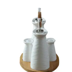 Plain white cylinder shape unique restaurant ceramic 4 pcs salt pepper oil and vinegar set